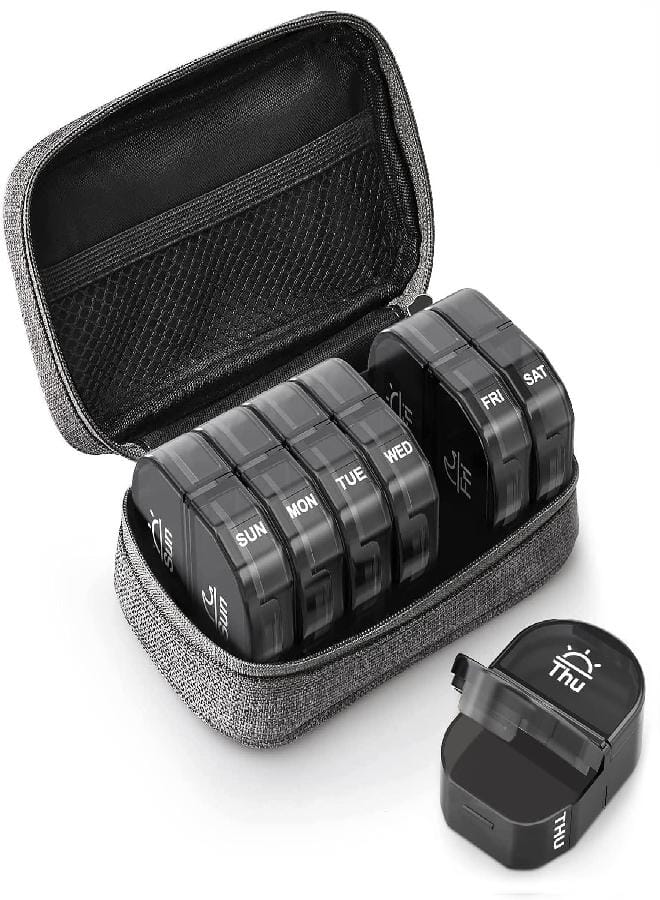 AUV0N AUVON Canvas Bag Travel Pill Organizer 2 Times a Day, Large AM/PM Weekly Pill Box 7 Day Pill Case with Portable Gray Zipper Cloth Bag for Holding Supplements, Vitamins and Fish Oils - Image 1